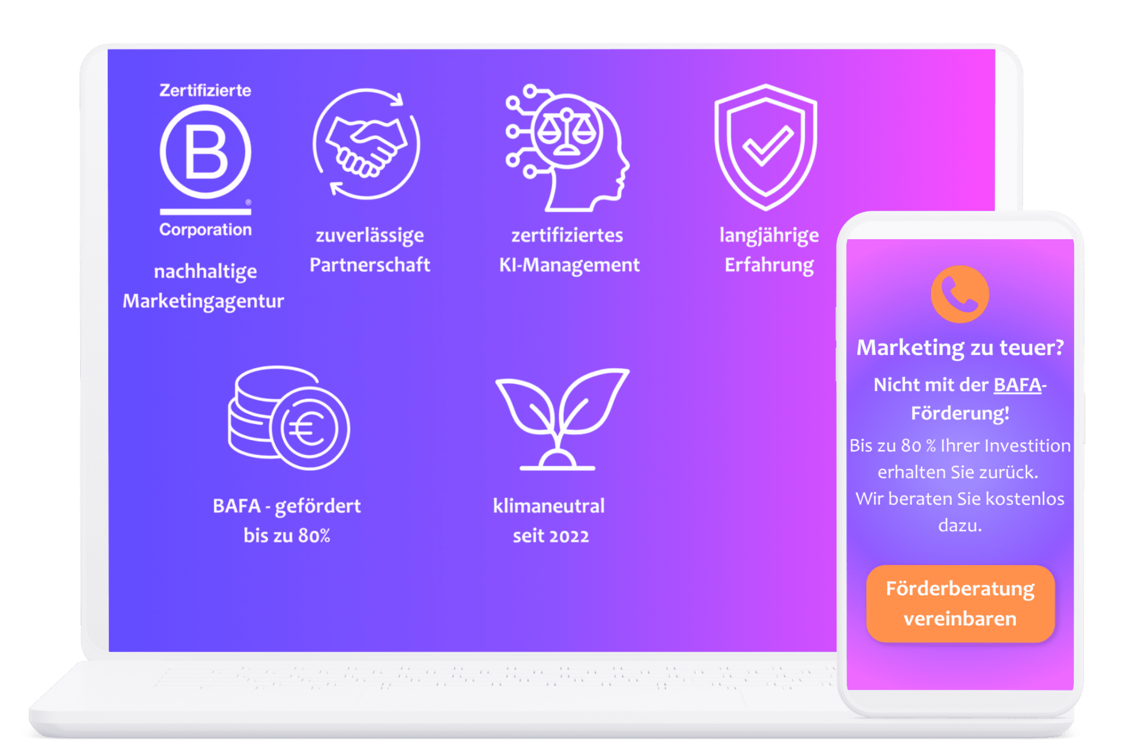 LKA Agentur Zertifizierungen: B Corporation nachhaltige Marketingagentur Magdeburg, BAFA-gefördert bis zu 80 Prozent, klimaneutral seit 2022, zertifiziertes KI-Management